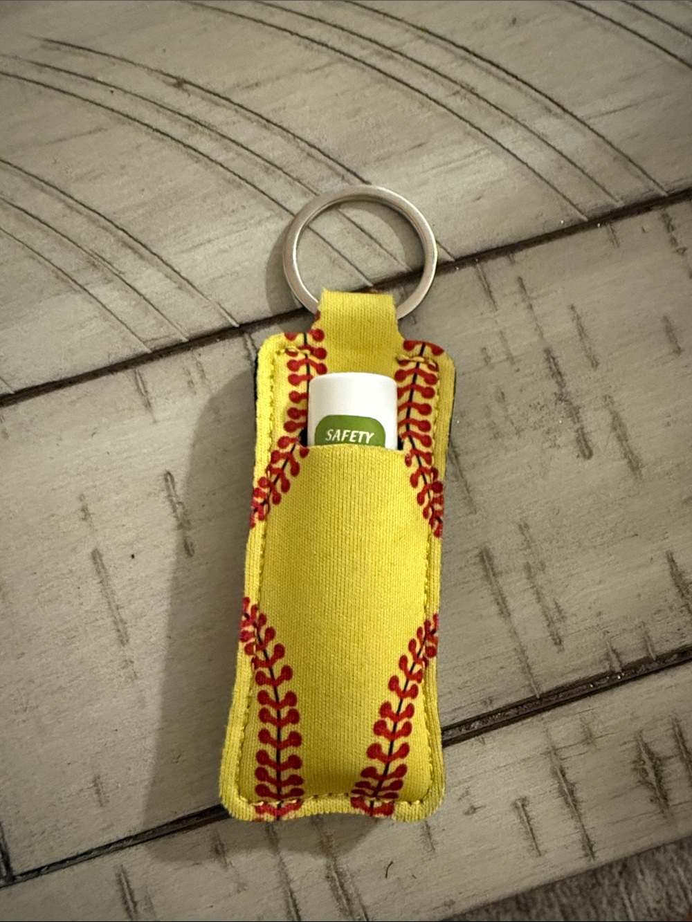 Yellow Softball Stitch Lip Balm Keychain Holder